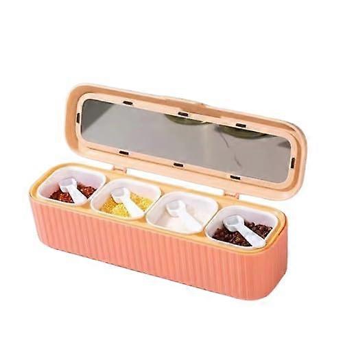 Pink 4 Compartment Spice Organizer with Lid and Spoons, Stackable Kitchen Seasoning Box with Clear Window