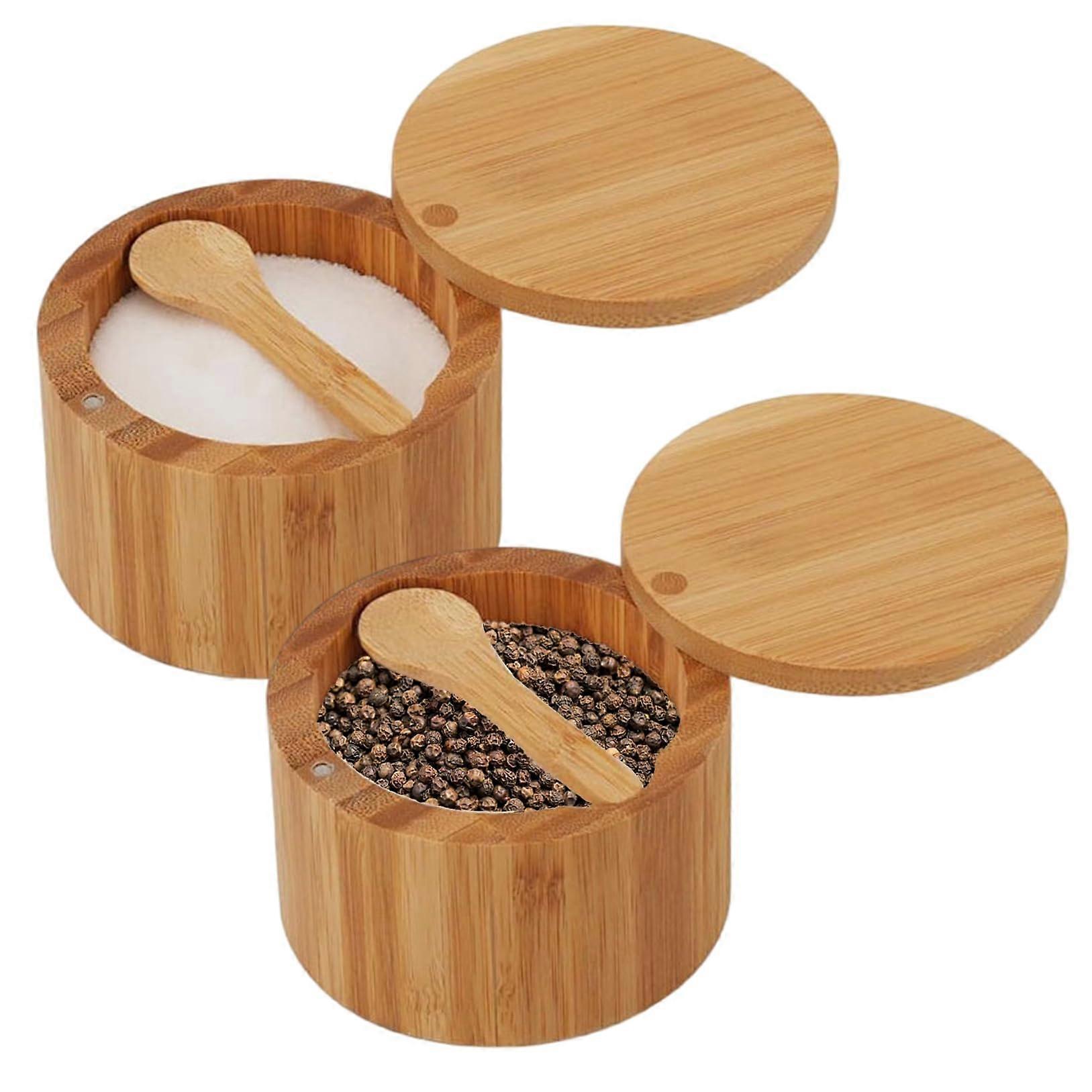 Bamboo Salt and Pepper Cellar Set with Swivel Lid and BuiltIn Spoon for Spices and Herbs