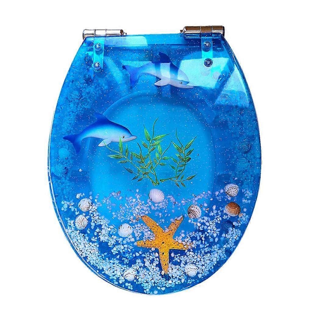 Ocean Resin Toilet Seat with Metal Hinges, Transparent Shark and Starfish Design for U Shape Bowls