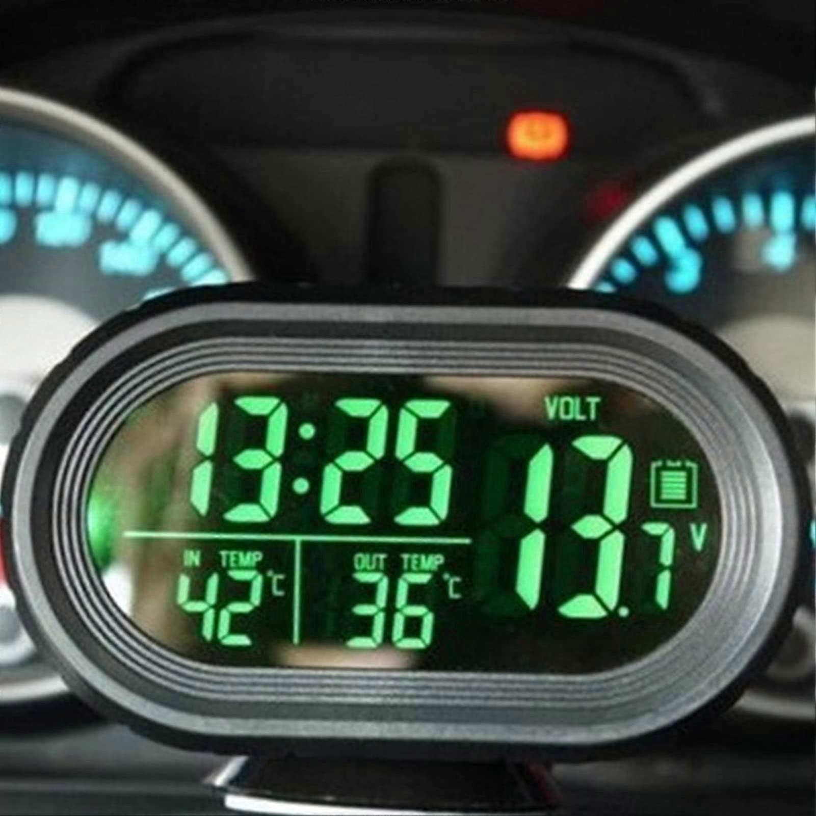 Digital Car Thermometer with Dual Temperature Display, 12V LED Dashboard Clock Voltmeter Green