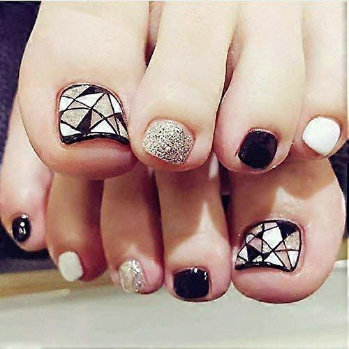 24 PCS Short Press On Nails with Glue Black White Silver Geometric False Toenails Multiple Sizes