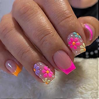 Press on Nails Square Medium Floral French Tip Glossy Acrylic Fake Nails Reusable 24PCS