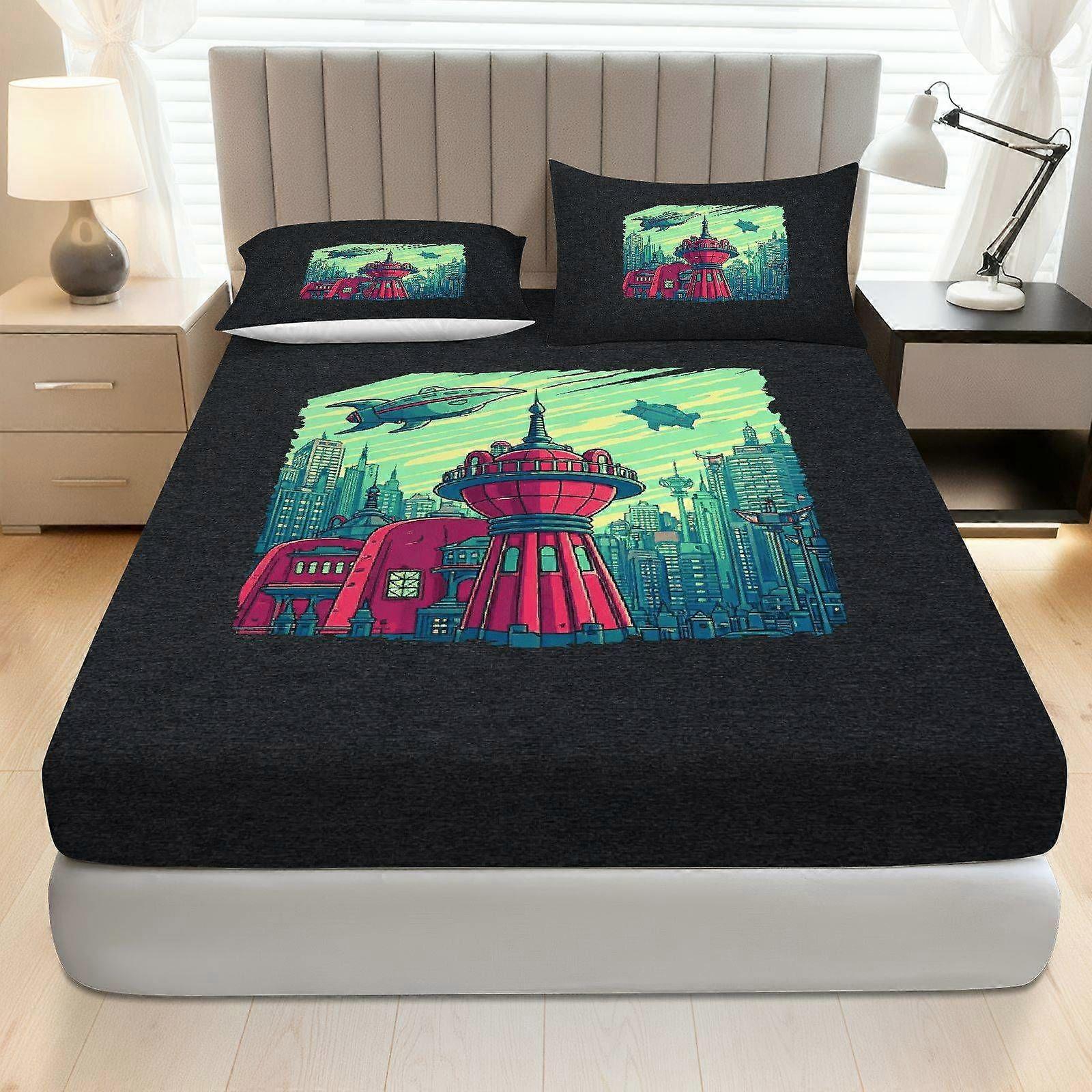 3pcs Futuristic Urban Space Fitted Sheet Three Piece Set