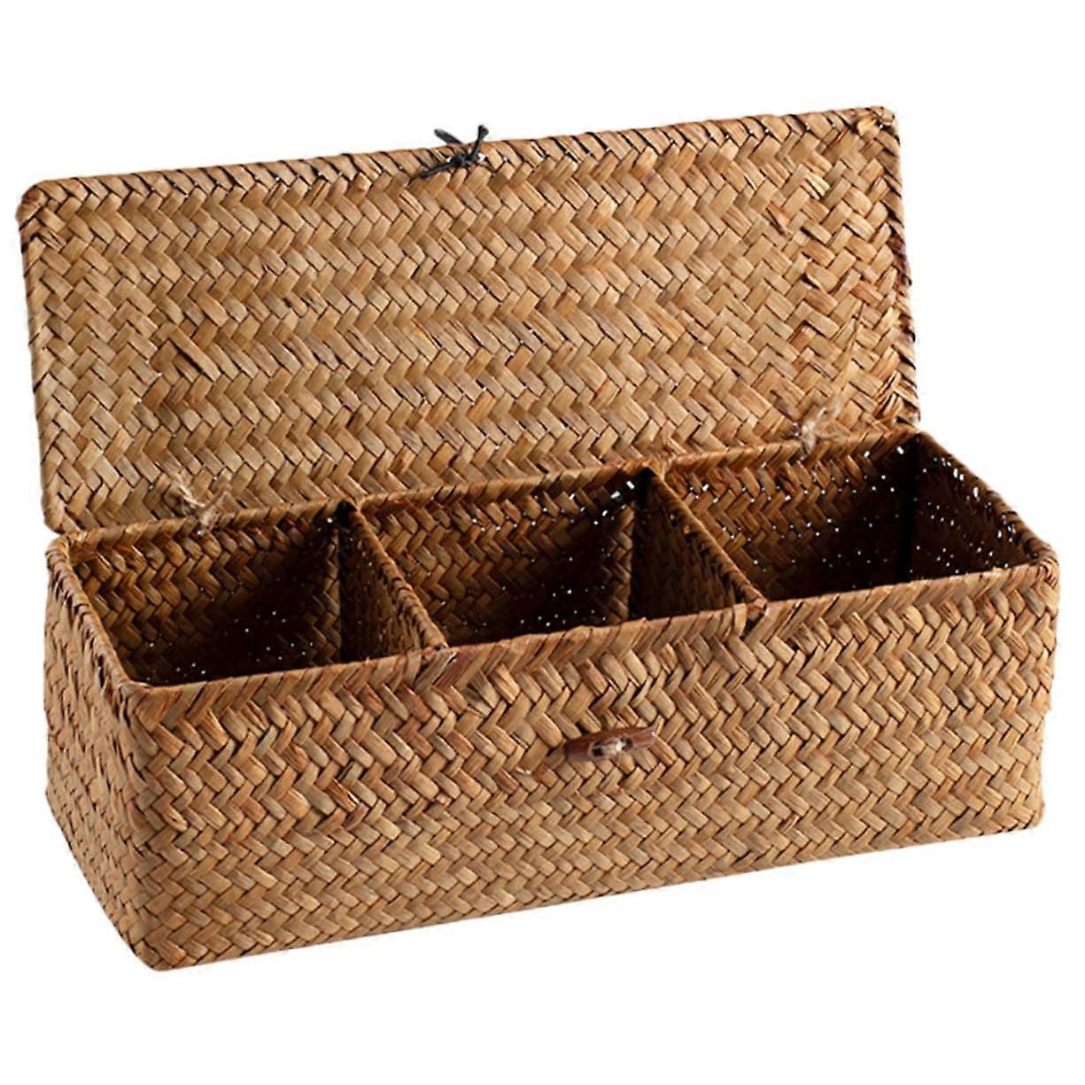 Wicker Storage Basket with Lid MultiSection Seagrass Organizer for Kitchen Tea and Sugar
