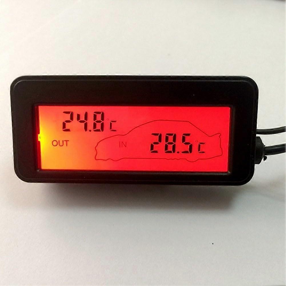 Car Thermometer Dual Display 12V Digital Gauge with Blue Backlight and 1.5m Sensor Cable Red