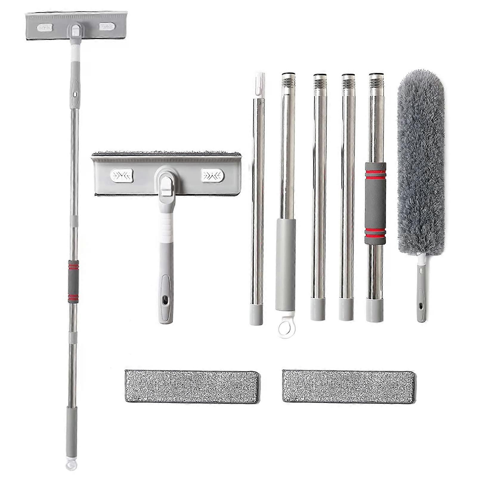 Window Cleaning Kit with Extendable Squeegee and Feather Duster, 2 in 1 Adjustable Long Reach