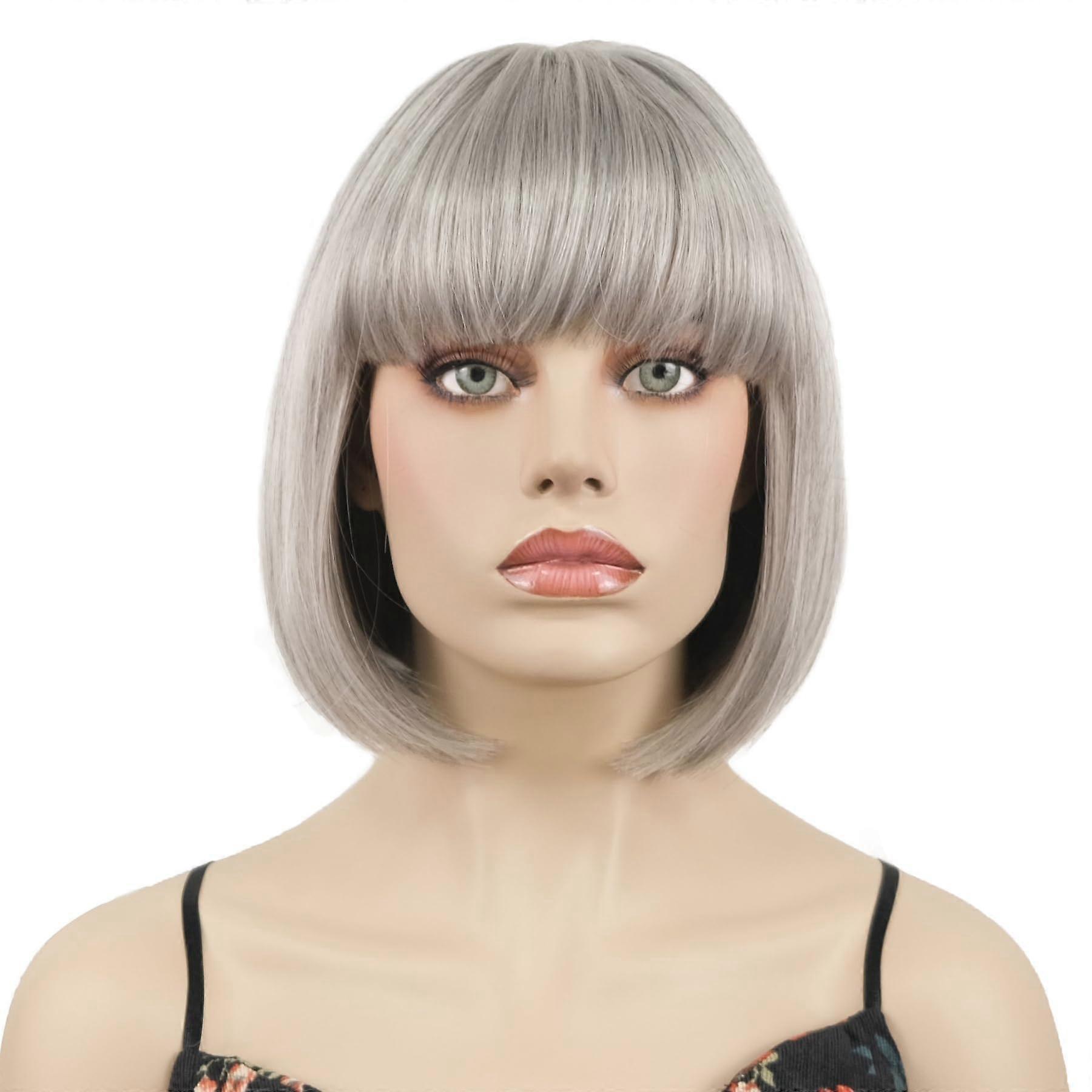Short Straight Bob Wig with Bangs Silver Grey Synthetic 8 Inch Chic Style Adjustable Cap