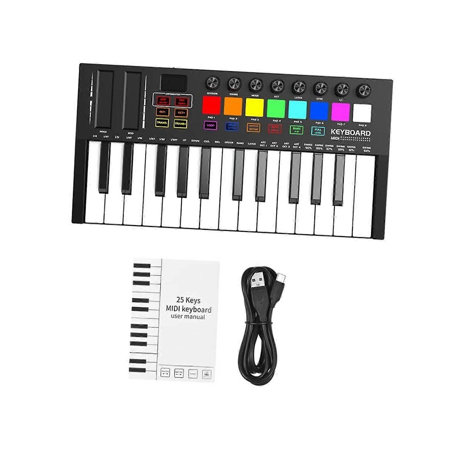 25 Key MIDI Keyboard Controller with DualFunction RGB Pads, Compact Design for Studio and Live Use
