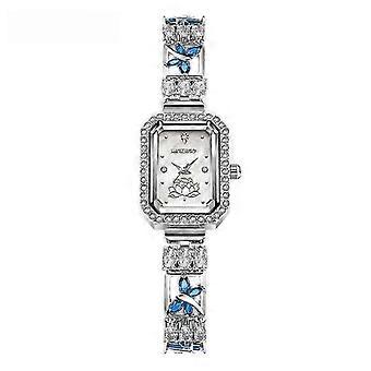 MOKAGO Women's Square Diamond Watch with Blue Butterfly Accents - Elegant Fashion Ladies Quartz Timepiece