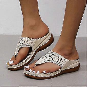 Dames slippers met sleehak en voetsteun, beige, maat EU 35, instapmodel voor strand, reizen, binnen en buiten, perfect voor de hele zomer.