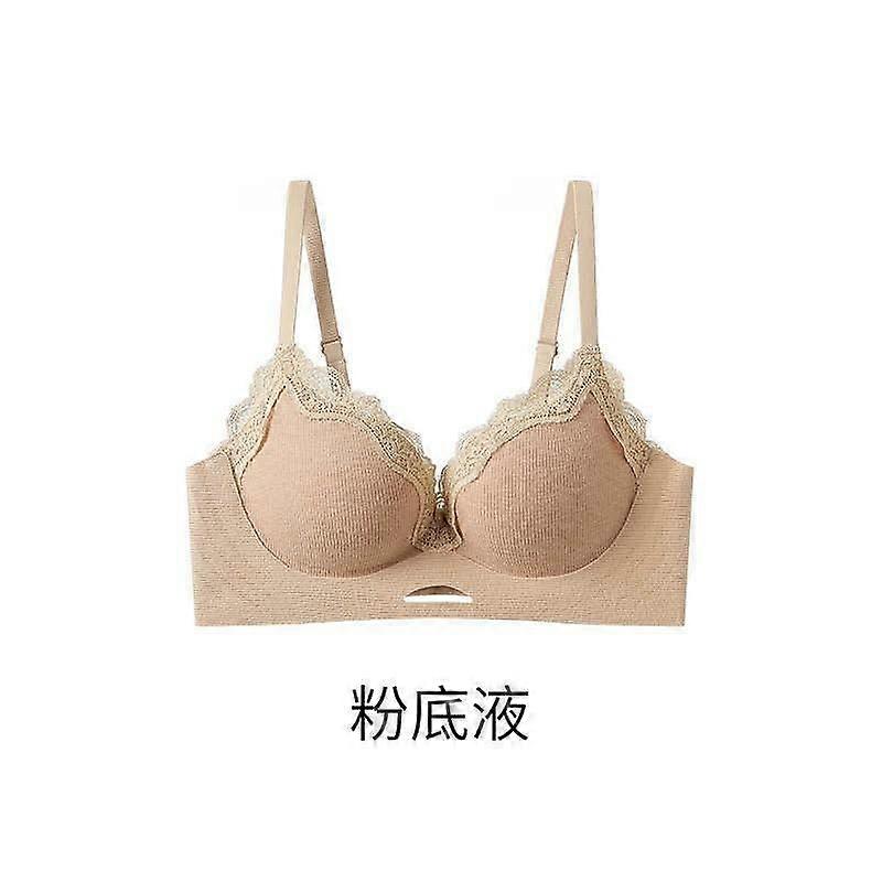 Beige Ribbed Wireless Bra with Lace Trim and Adjustable Straps