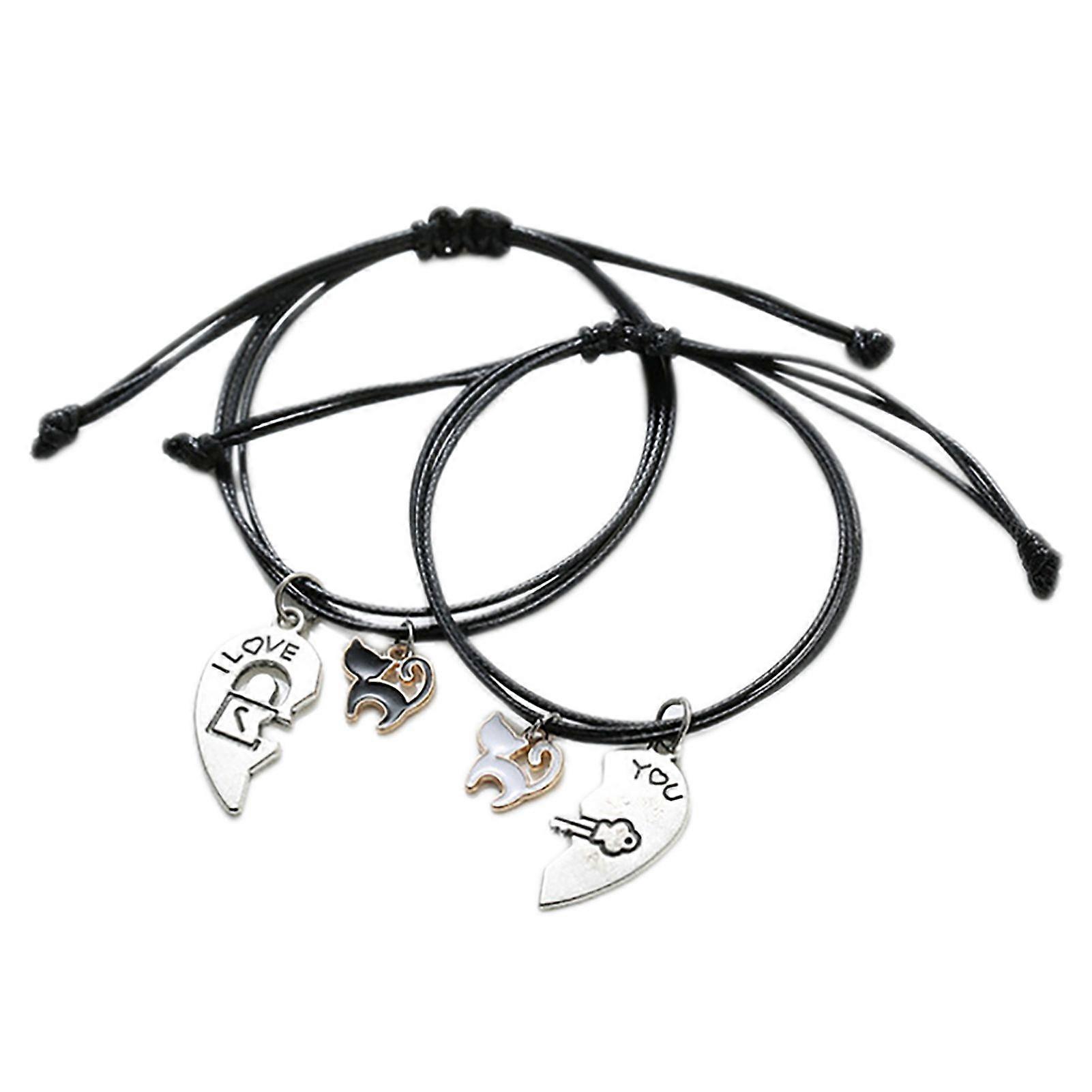 2Pcs Pull Adjustable Cat Open Heart Shape Hanging Drop Couple Braided Bracelet
