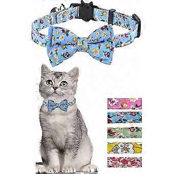 Blue Floral Pattern Cat Collar with Bow Tie and Bell