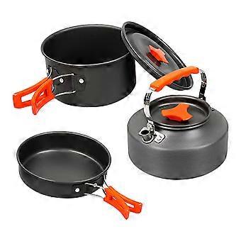 Batterie de cuisine de camping pour 2 personnes, comprenant casserole et poêle, au design portable.
