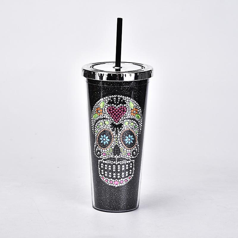Double-layer plastic straw cup diamond creative skull water cup halloween large-capacity drink cup