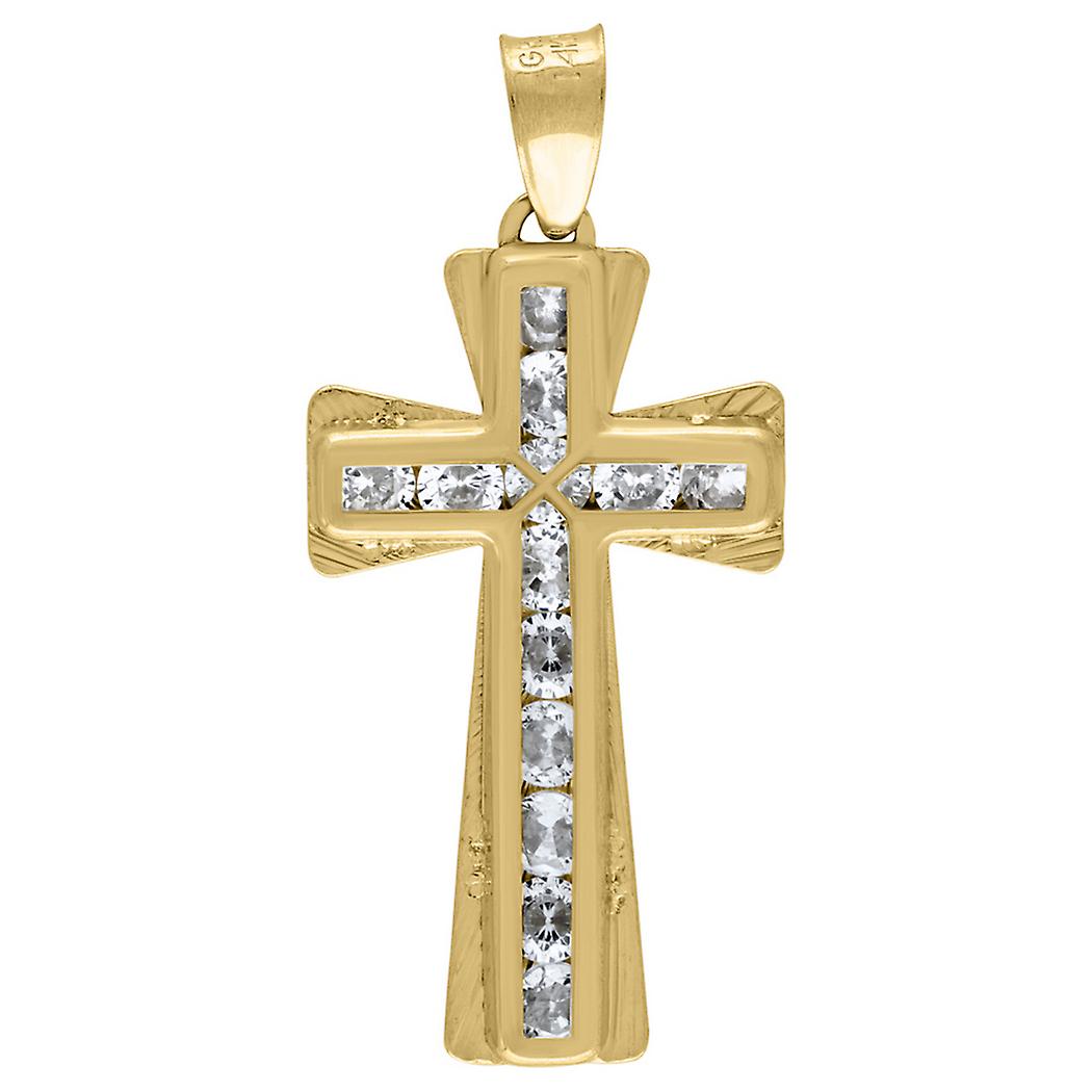 14Kイエローゴールドユニセックスキュービックジルコニアクロス宗教チャームペンダントネックレス27.1x12.4mm女性用ワイドペンダント