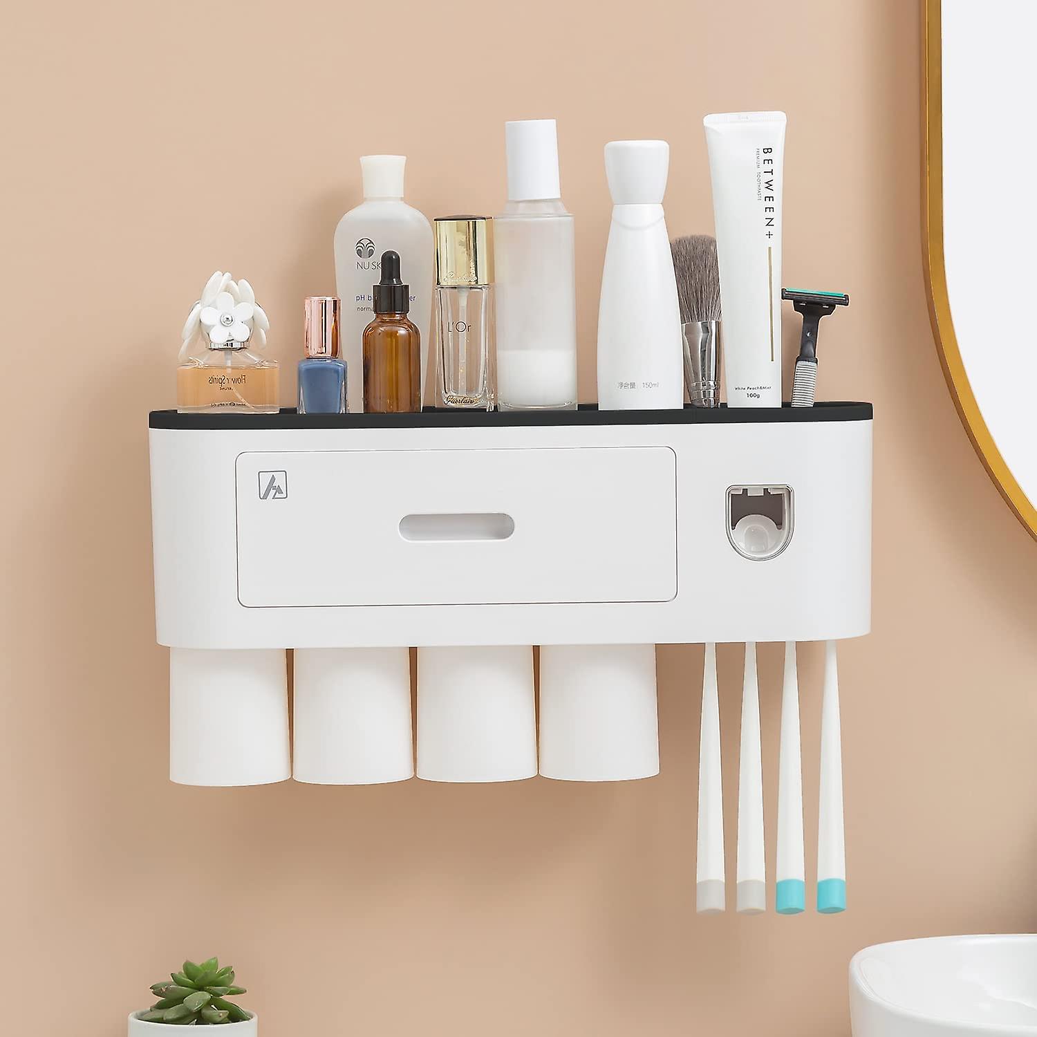 Toothbrush Holder with Toothpaste Dispenser-Multifunctional Wall Mounted Space-Saving Automatic Toothpaste Dispenser Squeezer Kit, 4 Toothbrush Slots,