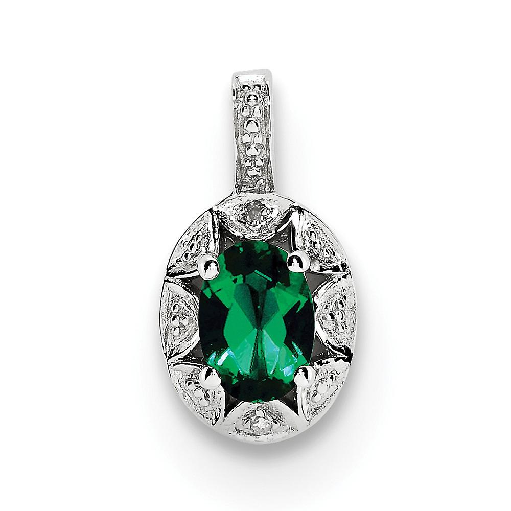 925 Sterling Silver Polished Diamond and Created Emerald Pendant Necklace 16x9mm Wide-Pendant for Women