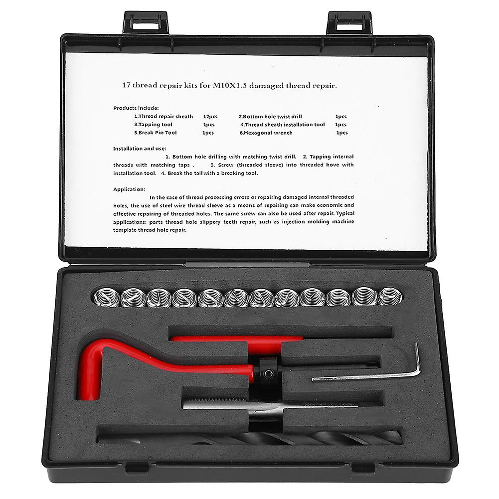 17Pcs Thread Repair Kit Stainless Steel Twisted Drill Tap Wrench Threaded Insert Tool M10x1.5