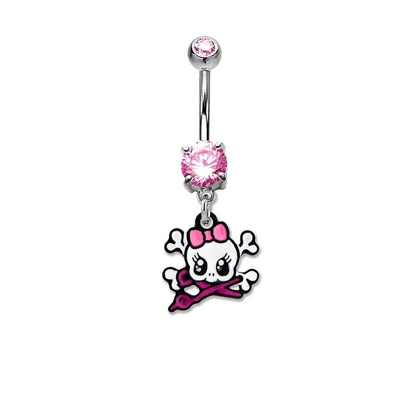 14Ga belly ring girly skull scissors dangle with pink prong set gem 316l steel