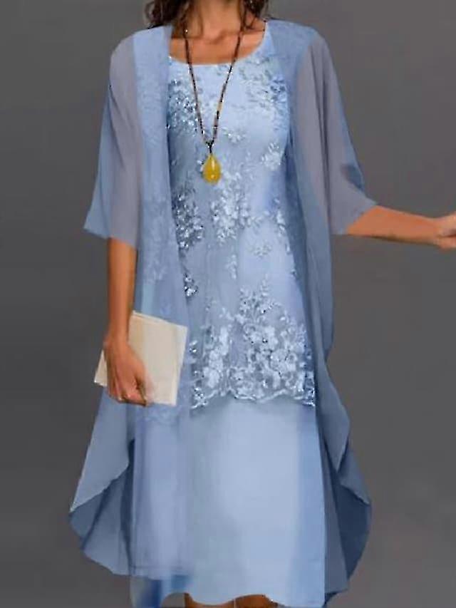 Kadın Elbise Takımı Dantel Elbise Midi Elbise Açık Mavi Yeşil Gri Yarım Kol Çiçek İşlemeli Katmanlı Patchwork Sonbahar İlkbahar Yuvarlak Yaka Zarif Chinoiser