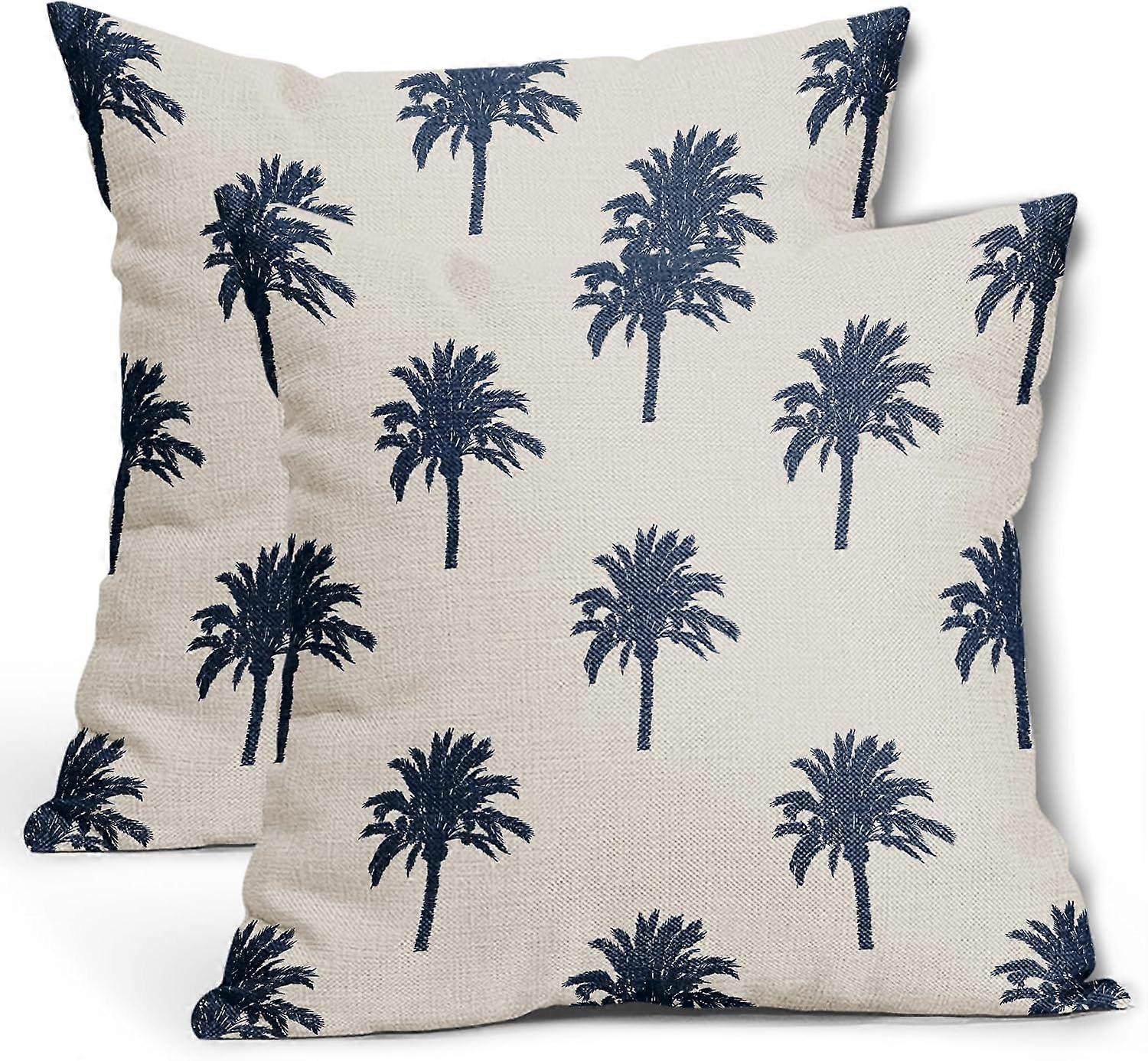 青いヤシの木の枕カバー18X18インチ熱帯のココナッツの木沿岸の植物装飾的な枕カバー2つの夏のレトロな綿のリネンスロー枕のセット