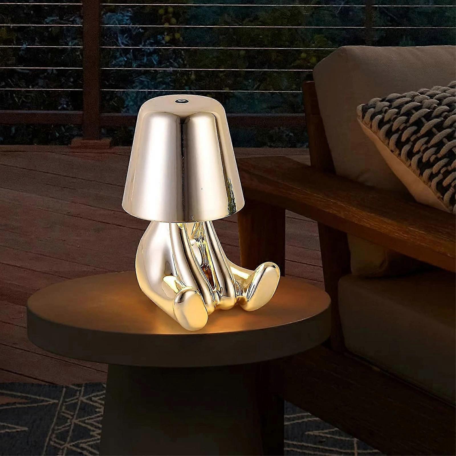 Night Light Little Golden/ Silver Man, 3 Level Dimmable Bedside Lampe Touch Lighting 3d Thinker Statue Rechargeable Led Table Lamp