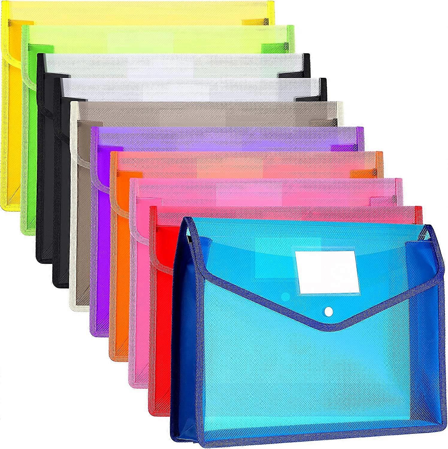 Plastic Wallets - 10 Pack A4 Folders Wallets Plastic Document Files Popper Wallets with Snap Closure and Pocket