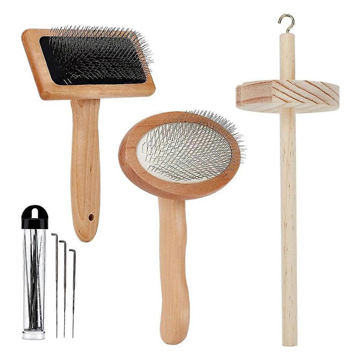 4Pcs Wooden Wool Carder,Slicker Brush Wood -Tool Felting Tool Kit with 12Pcs Craft Wool Needle for Yarn Blending