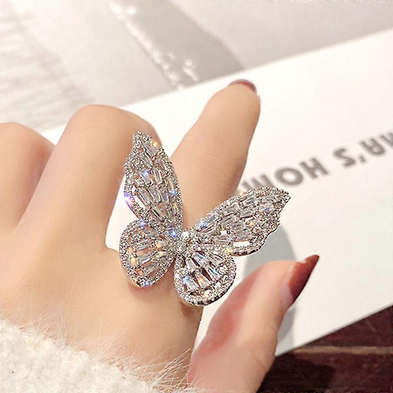 Trendy Shining Butterfly Adjustable Opening Ring For Women Crystal Acrylic Inlay Fashion Party Hand Accessories Jewelry