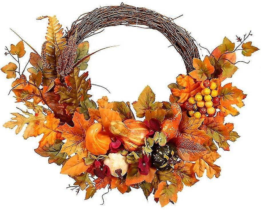 Artificial Fall Wreath, 17.7" Front Door Wreath Christmas Wreath With Pumpkin Maple Leaves And Red Berries For Thanksgiving Day