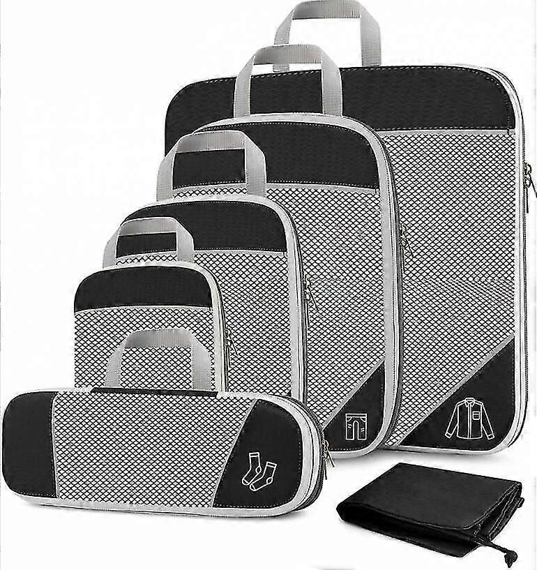 Compressed Packing Cubes For Travel, 6 Pieces Of Expandable Luggage Storage Bag Compressed Cubes For Packing Mesh Top And Durable Zipper (black), Aesp