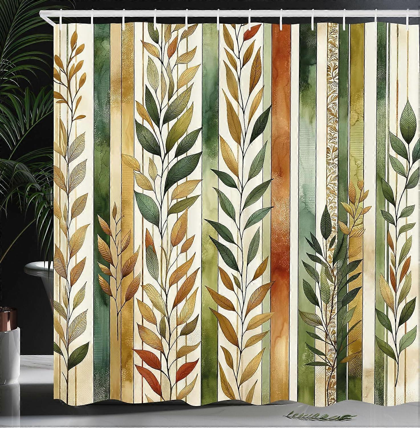 Striped Shower Curtain, Modern Leafy Atmosphere with Aquarelle Look Details and Jungle Tone Lines, Cloth Fabric Bathroom Decor Set with Hooks