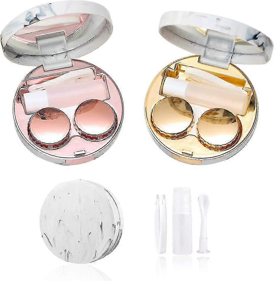 2 Sets Of Circular Marble Contact Lens Cases With Mirrors And Travel Contact Lens Holders