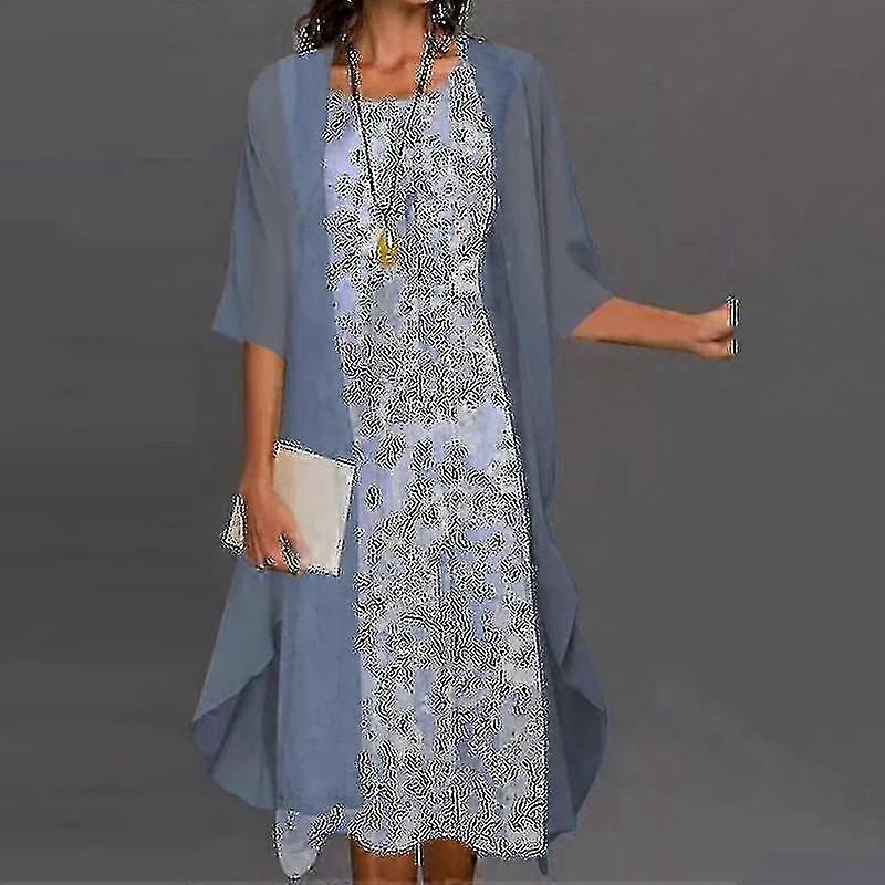 Damen Bohemian-Kleid mit Strickjacke, lässig, mit Blumenmuster, zweiteilige Kleider