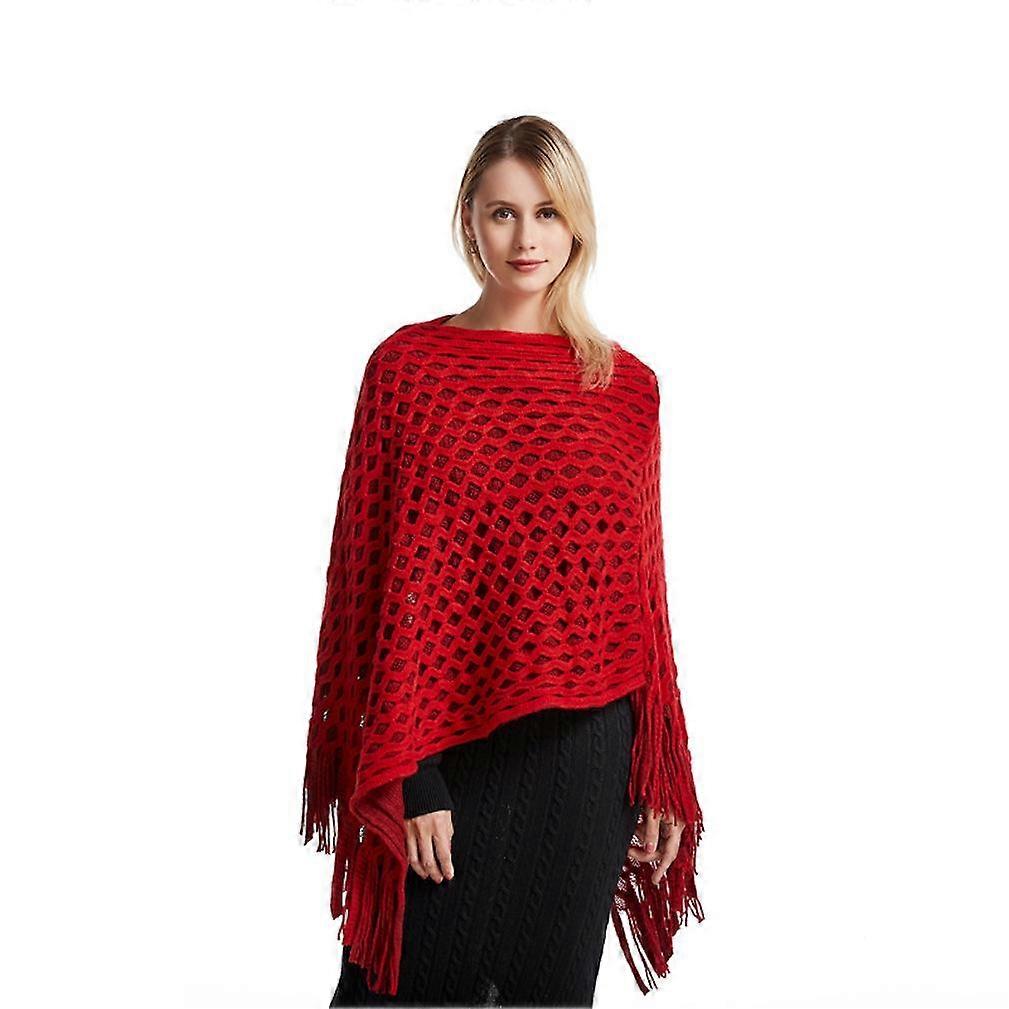 Loose Pullover Shawl Hollow Out Poncho with Tassel for Lady
