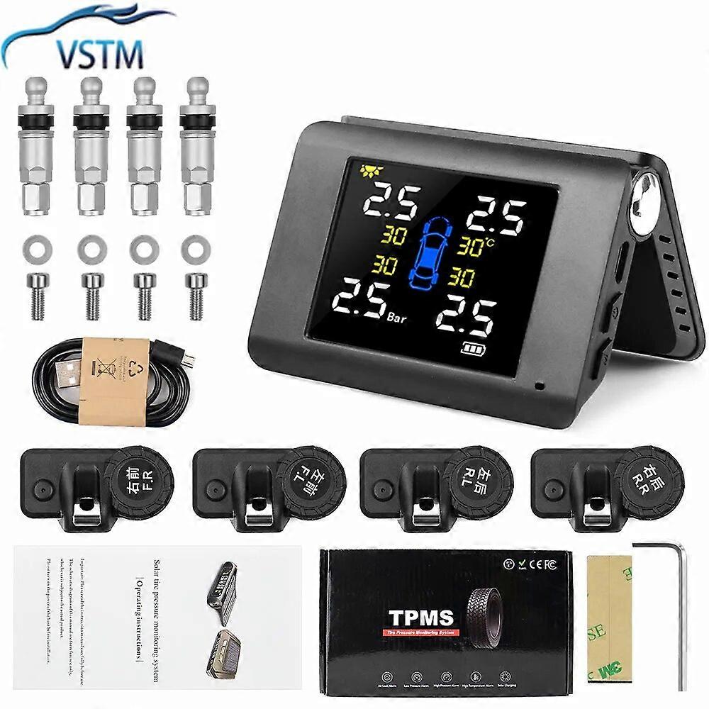 Motor Vehicle Sensors NEW TPMS Solar Power Tyre Pressure Monitoring System with 4 Sensors LCD Real-time Display Car Tire Pressure Auto Alarm System