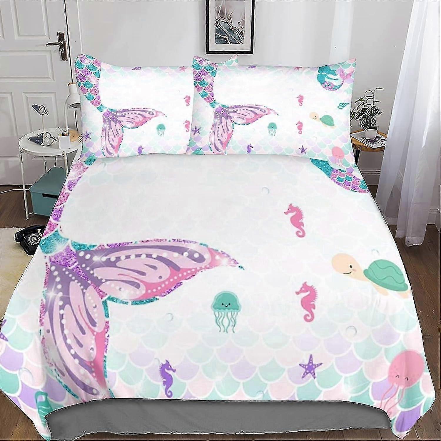 J2113 Lakan Sjöjungfru Påslakan Set Tonåringar Barn Ocean Sealife Fisk Fjäll Sängkläder Set Microfiber Täcke Överdrag för pojkar Flickor Vuxna 3 stycken Qu
