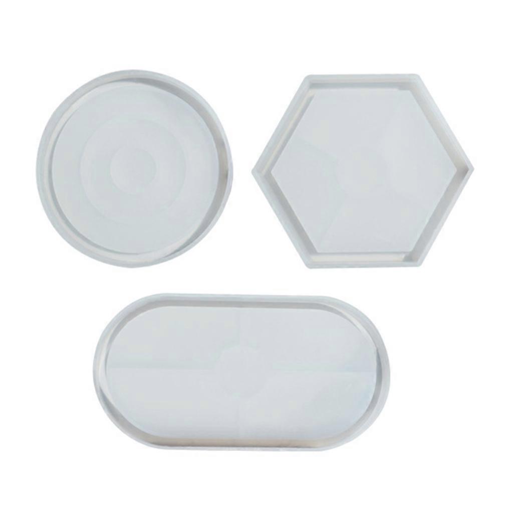 3Pcs Gemeotric Hexagonal Oval Round Coaster Mirror Silicone Resin Tray Molds