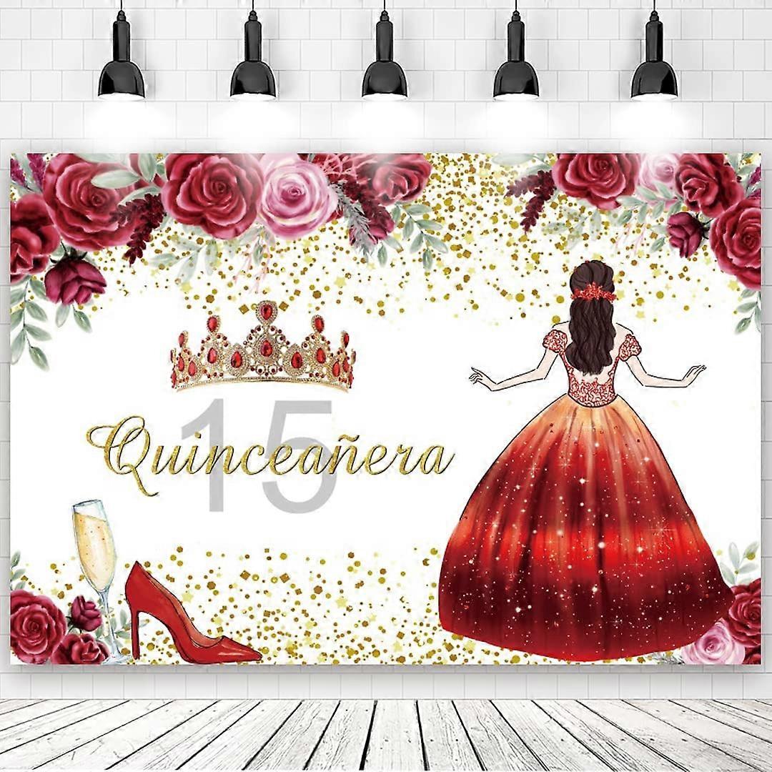 Quinceanera 15 岁生日背景女孩 Miss Quince 15 岁派对背景红花连衣裙公主 15 岁背景蛋糕桌横幅（7x