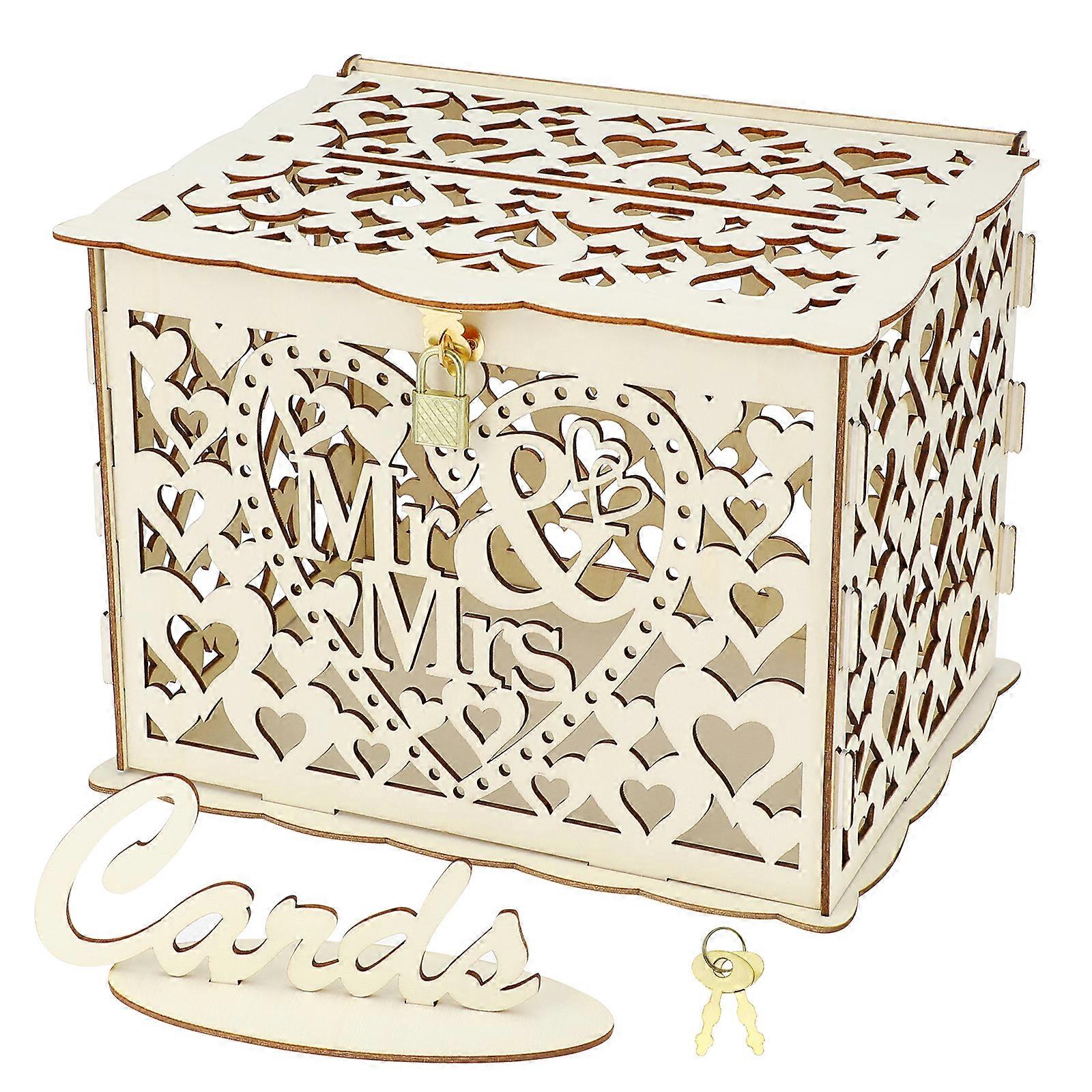 Wood Wedding Storage Box Mr & Mrs Flower Box for Wedding Party Gathering (One Key, 12 Rubber Rings, Small Size)