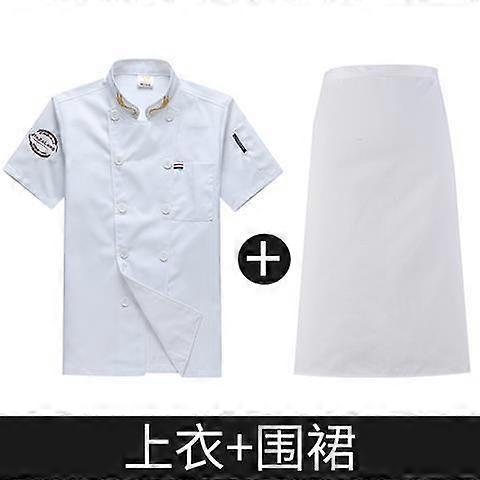 蓝色厨师夹克短袖餐厅制服男士厨房餐饮厨师外套双排扣黑白厨师装