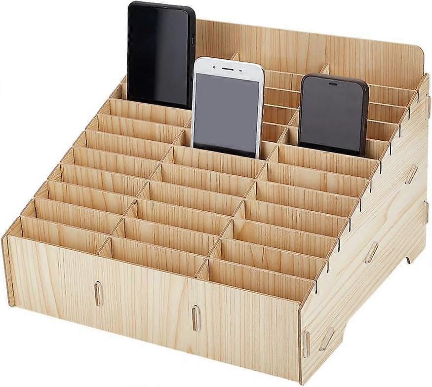 36-Grid Wooden Cell Phone Storage Box Mobile Phone Management Multifunctional Storage Box Desktop Organizer for Office and School Supplies Maple Wood