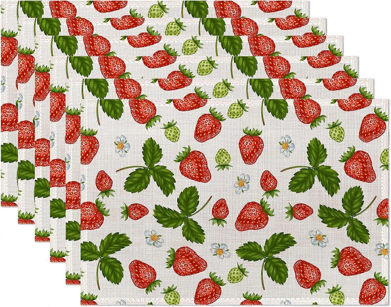 Kırmızı Çilek Yaprakları Çiçek Placemats Seti 6'lı, Su Geçirmez Kaymaz Yıkanabilir Masa Matları Seti Mutfak Yemek Tatil Parti Düğün Dekor 12x18 Inc