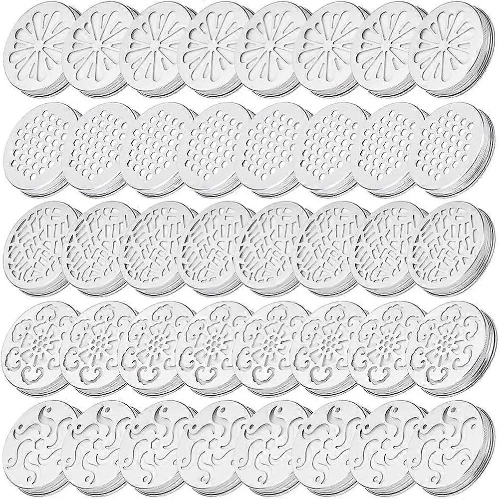 40Pcs 5 Style Aluminium Hollow Candle Canister Lids Scented Candle Toppers Mason Jar Lids Flat Round Silver Mixed Patterns 7~7.05x1.25~1.3cm Inner Dia