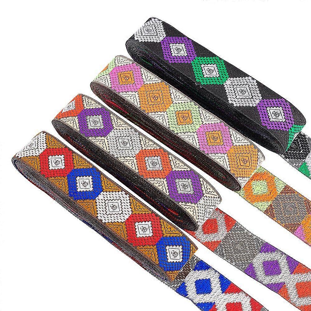 14M 4 Colors Ethnic Style Polyester Ribbon Jacquard Ribbon Tyrolean Ribbon Mixed Color Flat Rhombus Pattern 1-1/4 inch(33mm) 3.5m/color