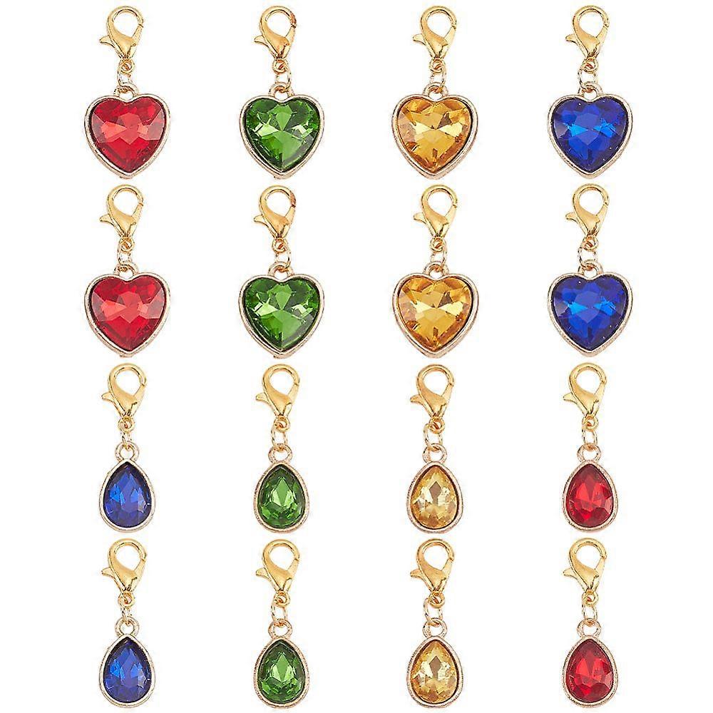 1Set 16Pcs 2 Style Alloy with Glass Rhinestone Pendant Decorations with Alloy Lobster Claw Clasps Teardrop & Heart Mixed Color 2.8~3cm 8pcs/style