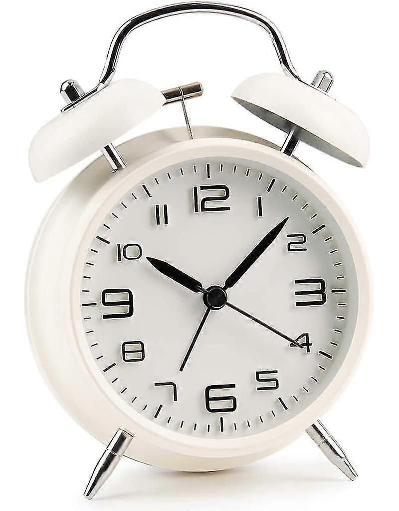 Double Bell Alarm Clock With Night Light, Retro Bell Alarm Clock, Loud Alarm, Quartz Drive, No Ticking Noiseless, Large Dial Of 4 Inches - White