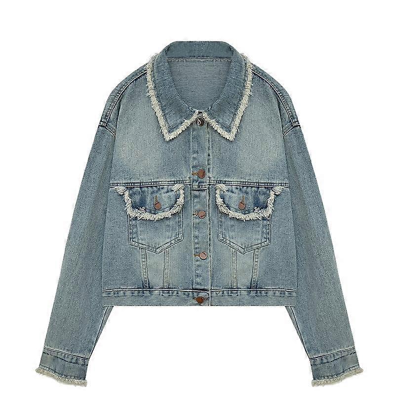 Spring and Autumn Whisker Edge Denim Jacket Women's Short Loose Casual Age Reducing Jacket Tops