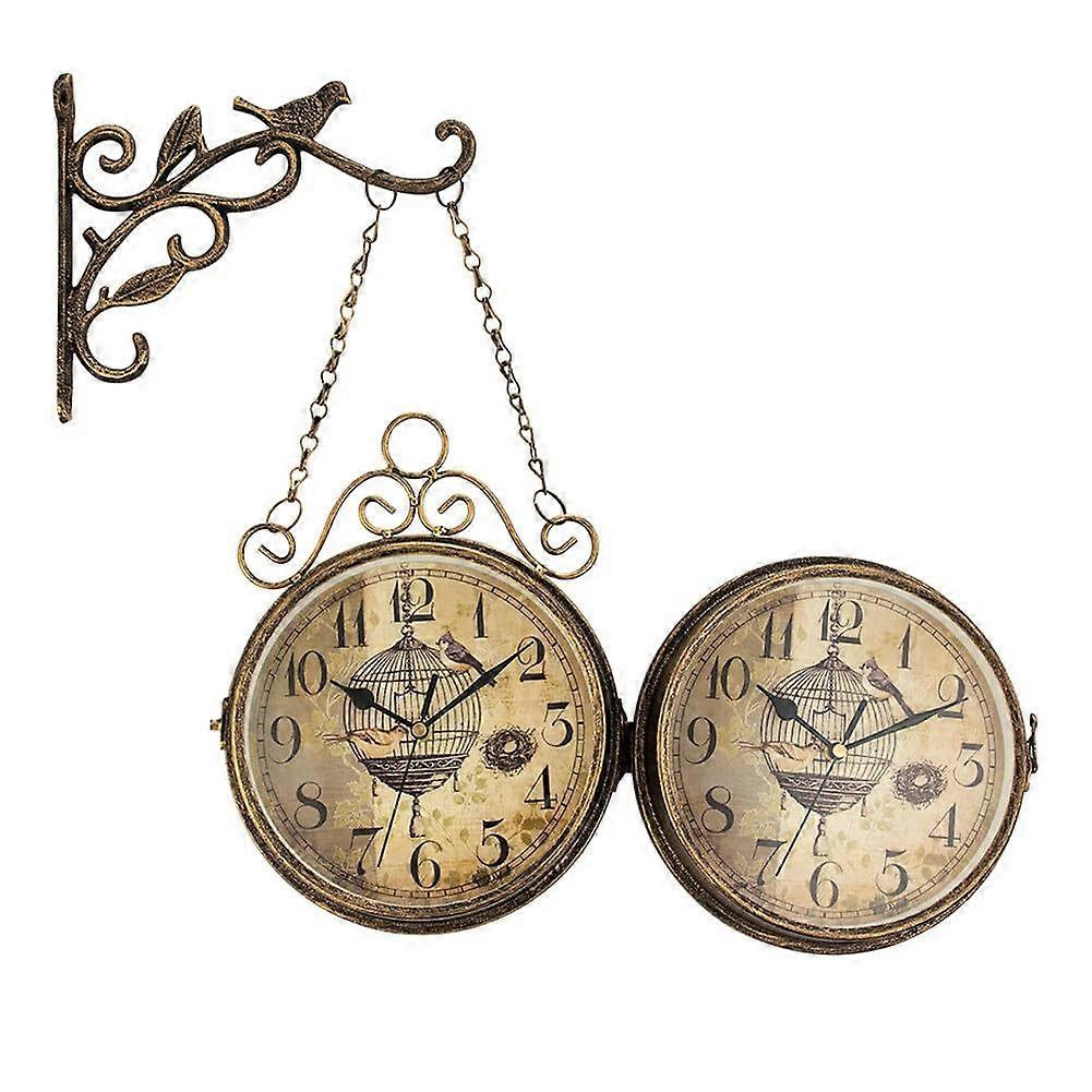 Vintage Double-Sided Wall Clock - 7.68-Inch Retro Wrought Iron Hanging Clock for Living Room, Cafe, Library Decor
